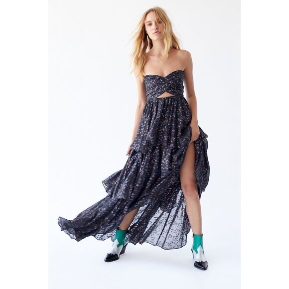 Free People x Mestiza Brianna Metallic Strapless Ruffle Tiered Gown $795 Sz 10